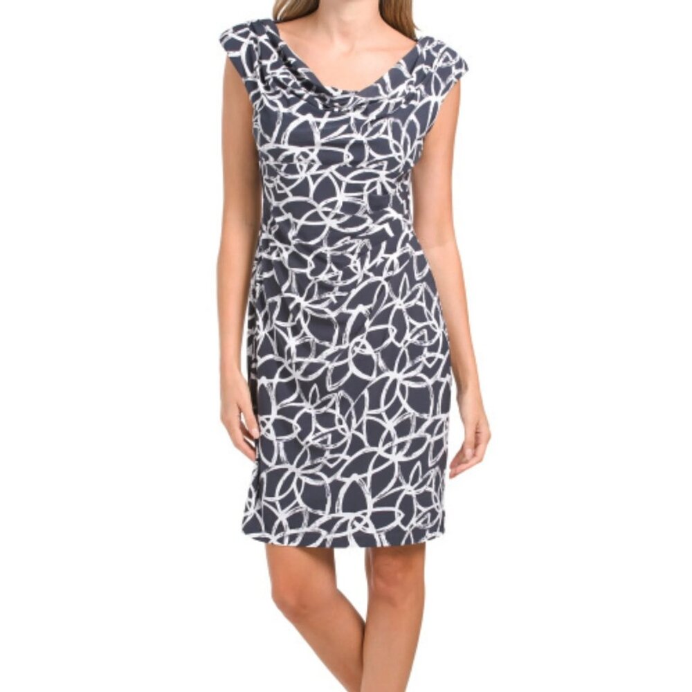 Anneโ Klein Valentina Gray Printed Cowl Neck Sleeveless Sheath Dress Size 10
